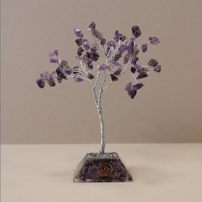 Amethyst gemstone tree with 80 purple chip stones on orgonite resin base, handmade crystal decor 15 cm