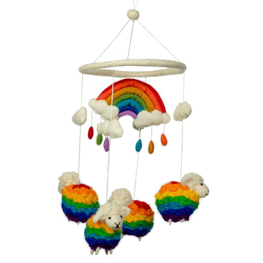 Handmade felt nursery mobile with rainbow sheep, colorful whimsical hanging decor, soft premium felt, 19x50 cm
