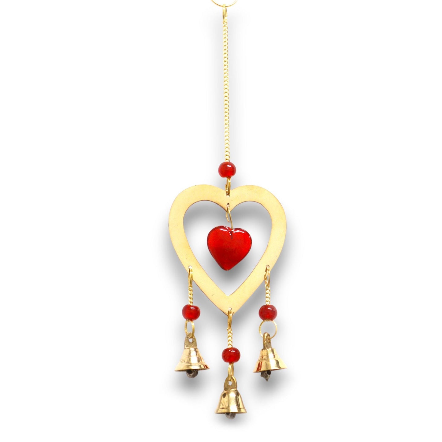 Brass Indian chimes with three bells and ruby glass heart beads, 24cm handcrafted hanging decor