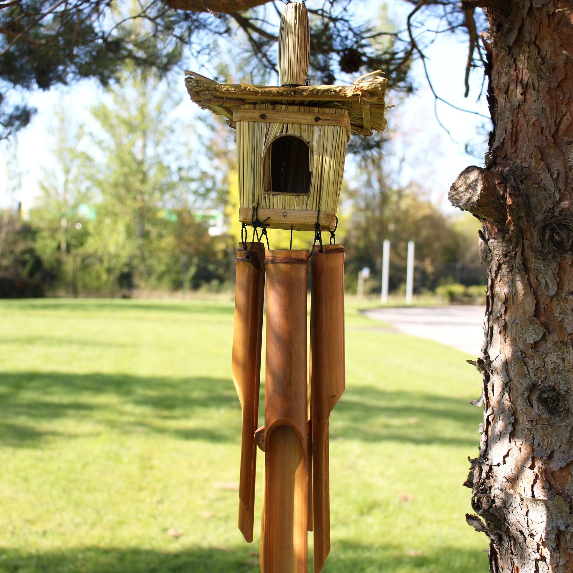 Handcrafted seagrass and bamboo bird box with hanging wind chimes, natural garden birdhouse, 49x15 cm