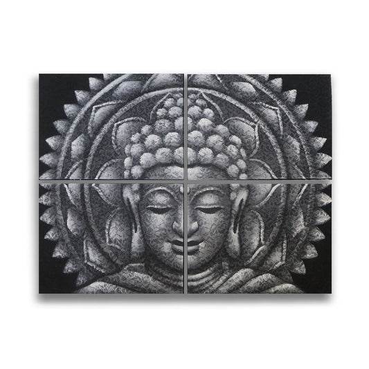 Grey Buddha mandala canvas wall art set, 4 panels 30x40 cm each, serene Zen decor on wood frame