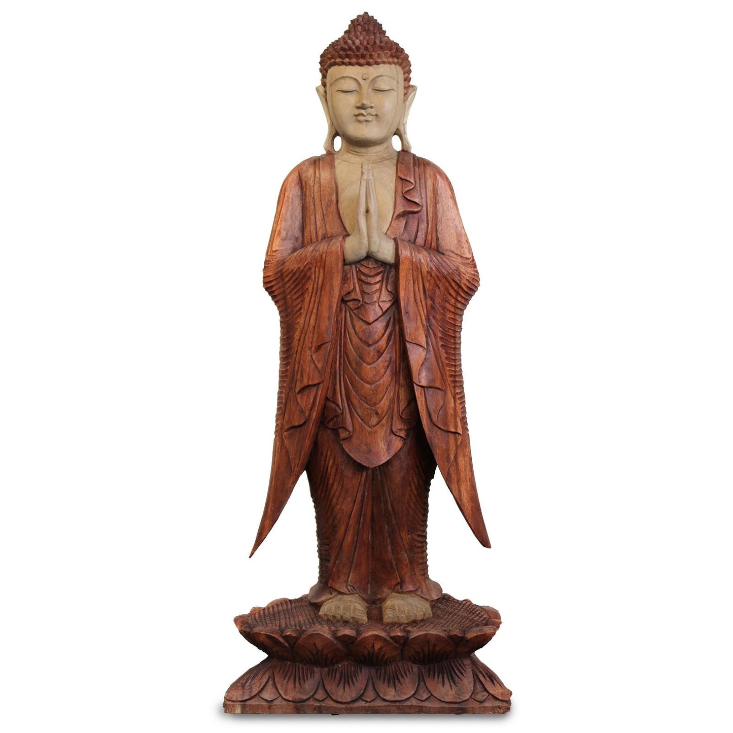Hand-carved Suar wood Buddha statue 100cm in welcome gesture, Balinese craftsmanship, natural wood finish decor