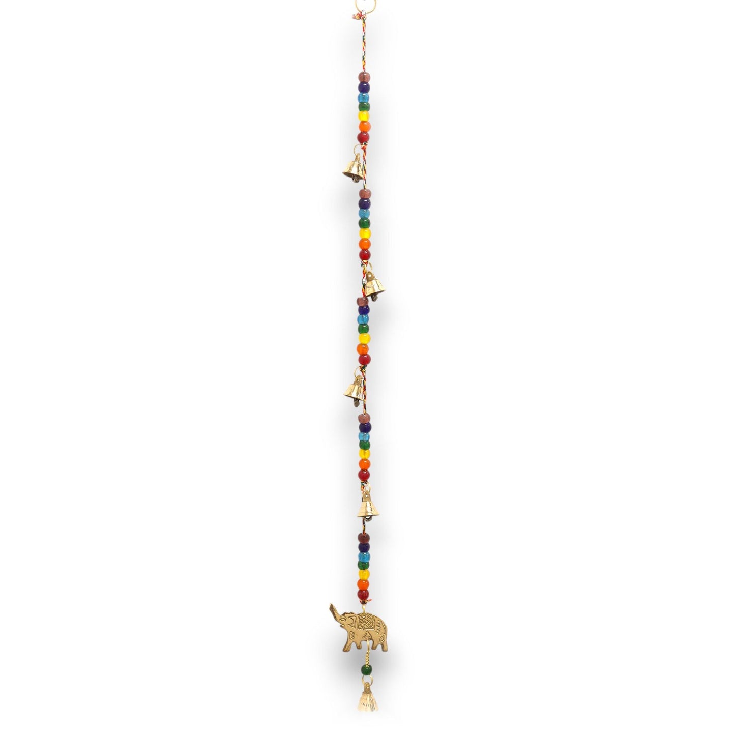 Brass elephant wind chimes with chakra glass beads string, 53 cm hanging Indian handcrafted door or wall decor
