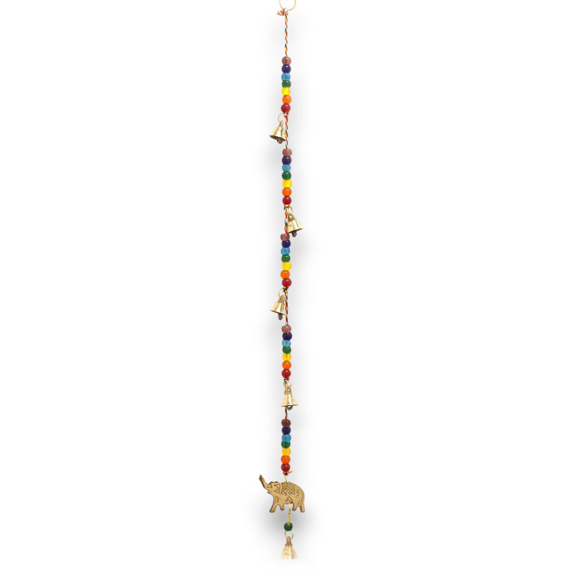 Brass elephant wind chimes with chakra glass beads string, 53 cm hanging Indian handcrafted door or wall decor