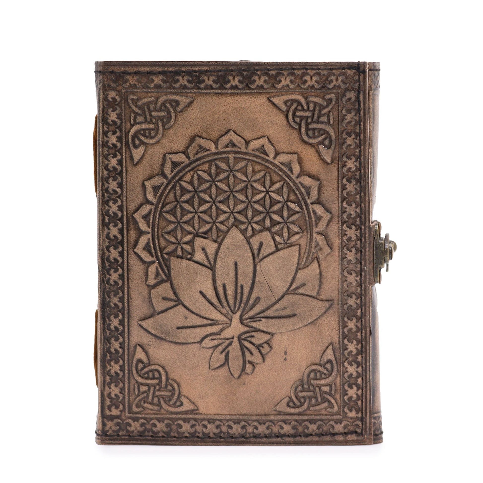 Antique grey leather notebook with lotus mandala cover, 200 pages, 17.5x12.5 cm handmade journal