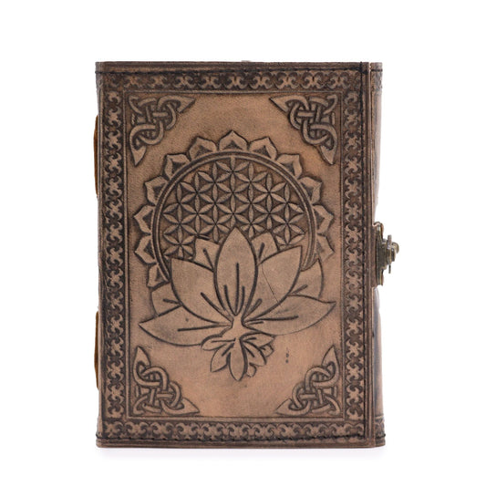 Antique grey leather notebook with lotus mandala cover, 200 pages, 17.5x12.5 cm handmade journal
