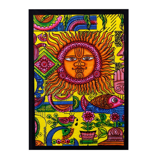 Handbrushed cotton wall hanging with sun design in vibrant colours, 115 x 75cm, fair trade