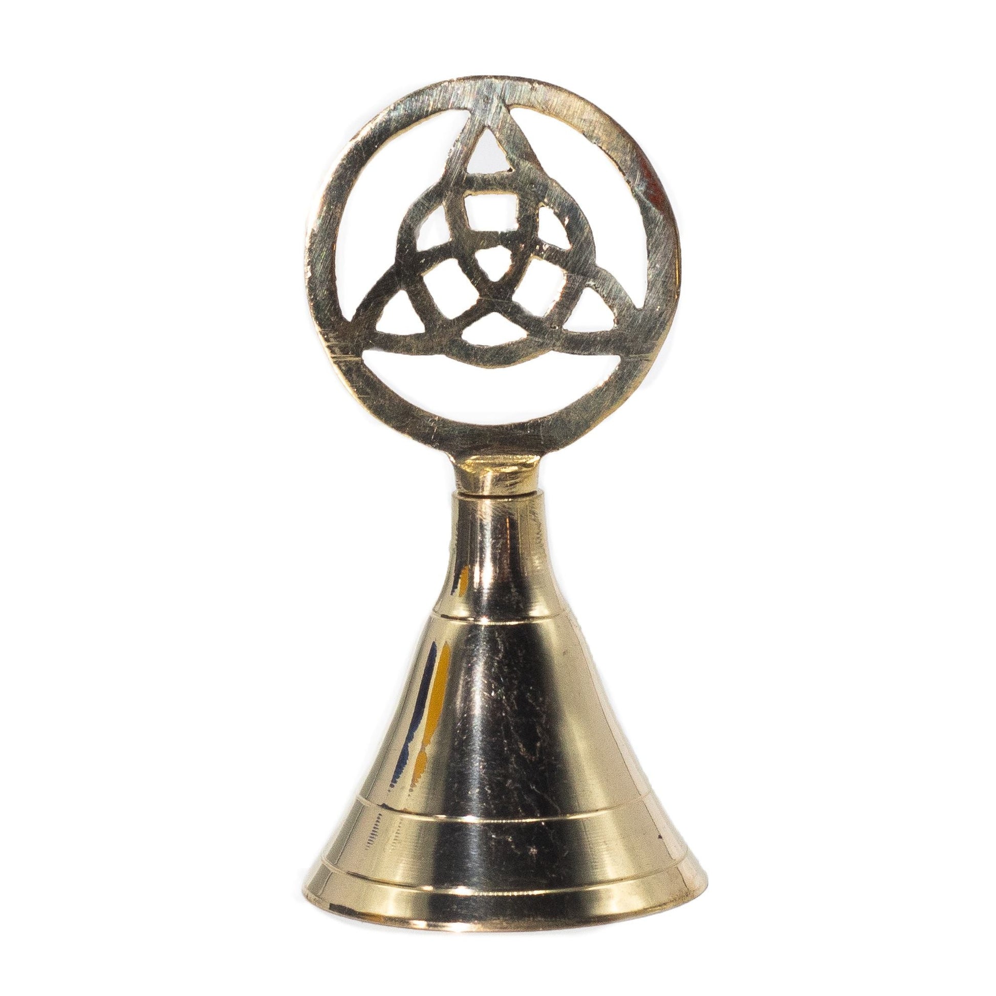 Handcrafted solid brass altar bell with Triquetra symbol, polished finish, 10.5 cm tall, for meditation rituals