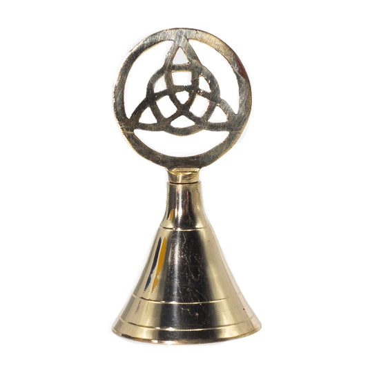Handcrafted solid brass altar bell with Triquetra symbol, polished finish, 10.5 cm tall, for meditation rituals