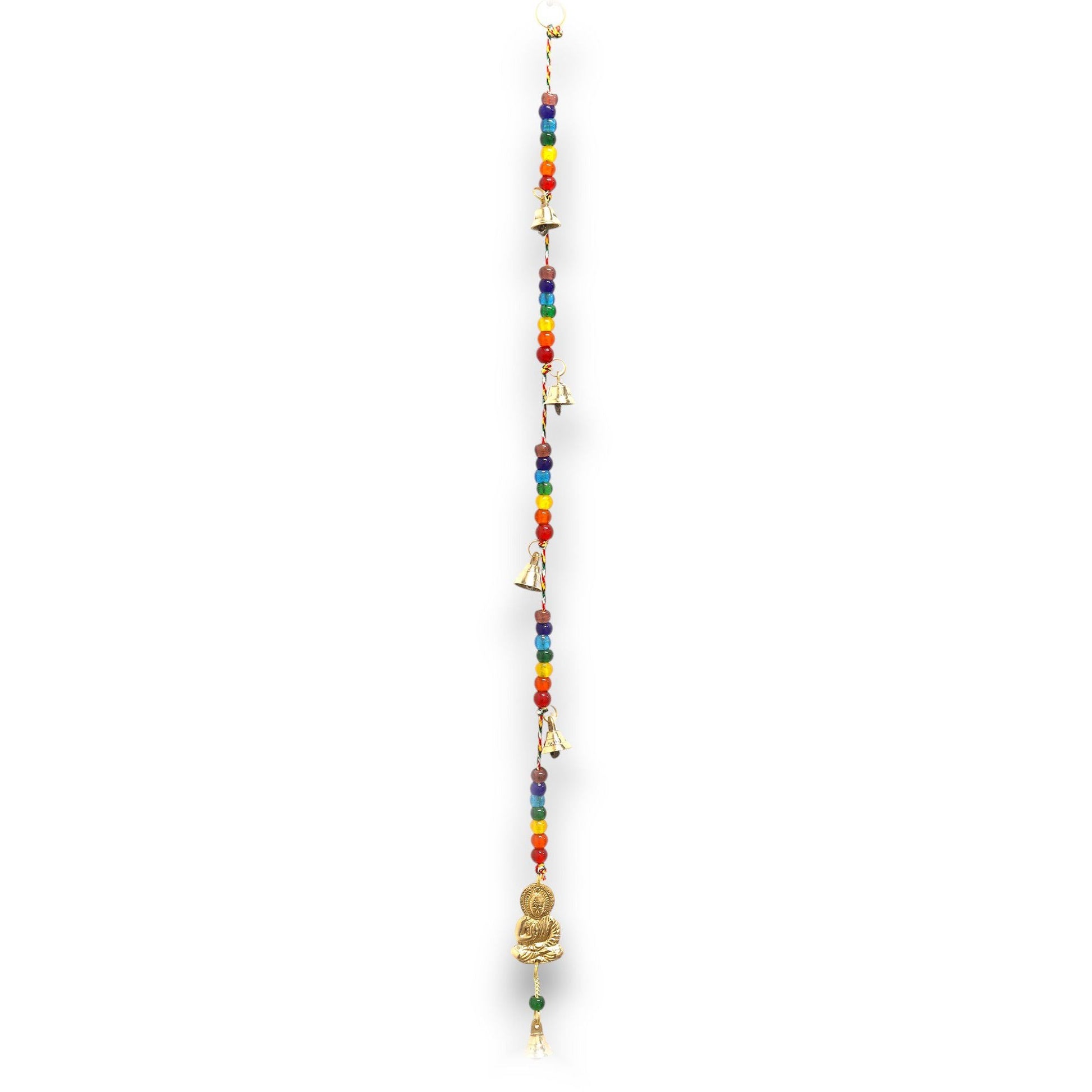 Brass Buddha wind chimes 53cm with colorful chakra beads, handcrafted Indian decor for indoor or outdoor hanging