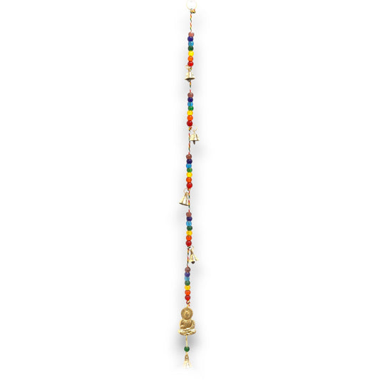 Brass Buddha wind chimes 53cm with colorful chakra beads, handcrafted Indian decor for indoor or outdoor hanging