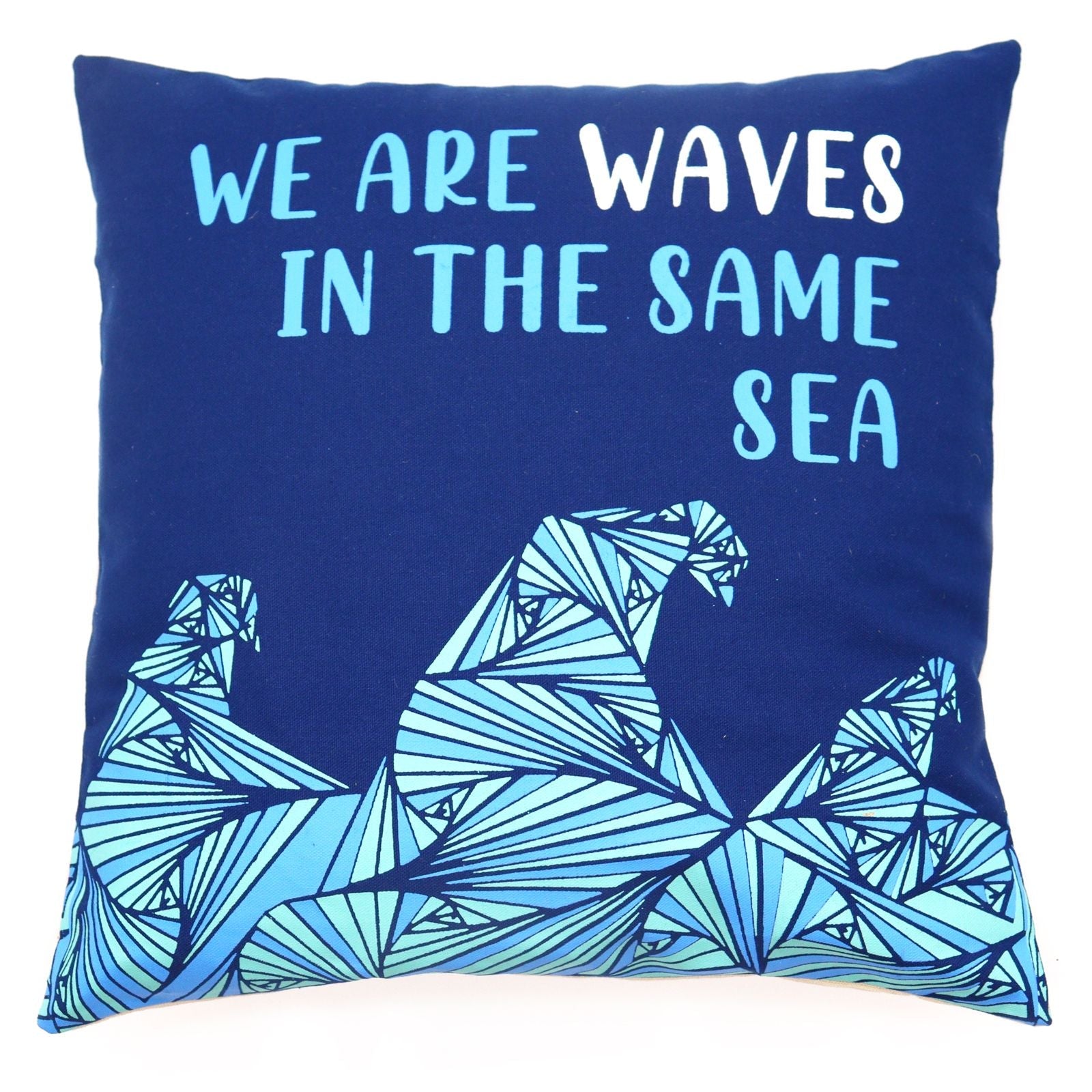 Blue 100% cotton cushion cover 45x45 cm with "We Are Waves" poem quote, handmade with zip-back closure
