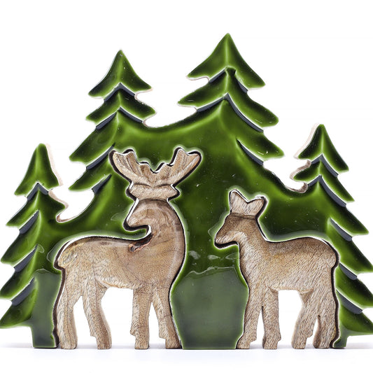 Mango wood 3D deer decoration with green enamel forest details, hand-carved rustic decor ornament, 18x23 cm