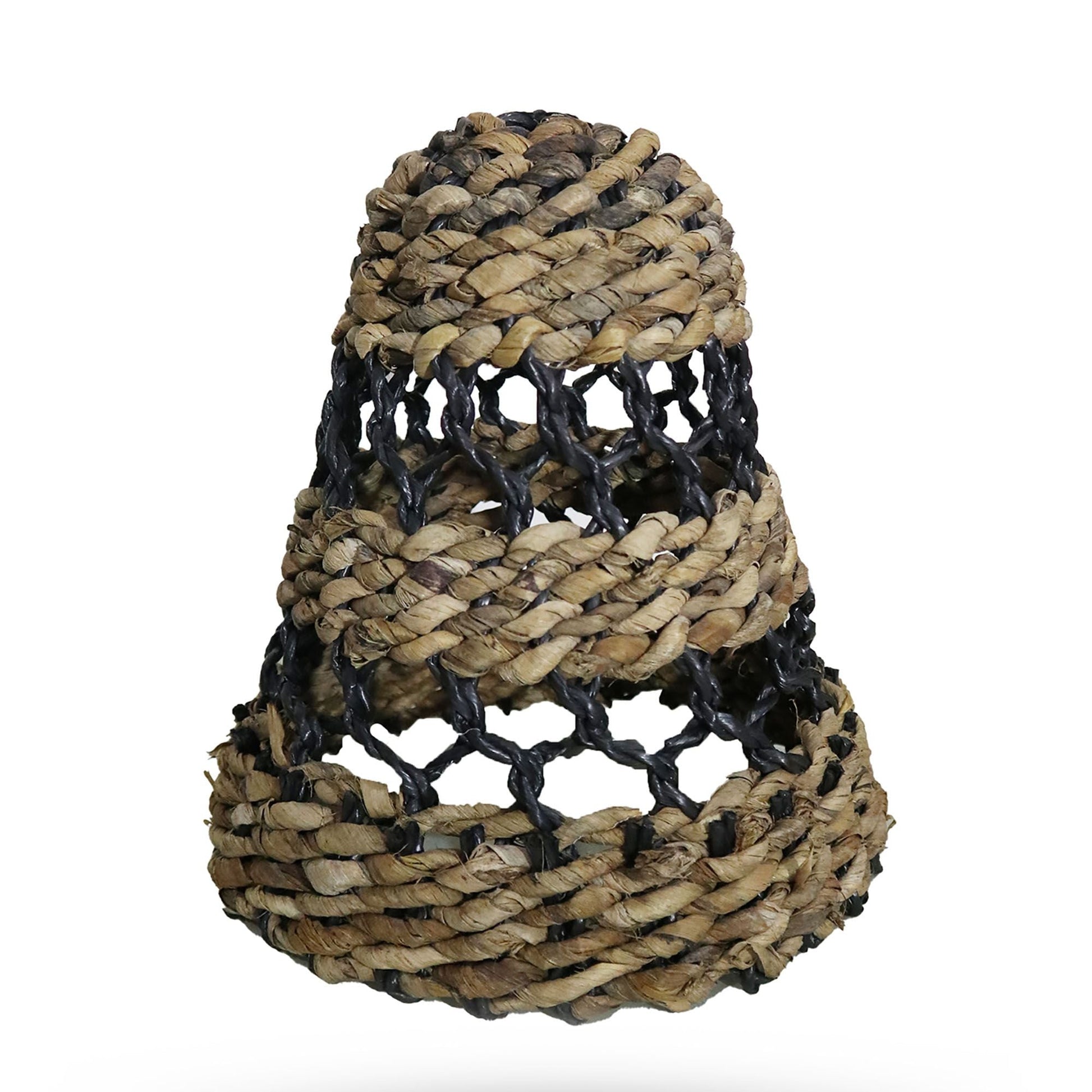 Medium natural banana leaf and hitam raffia lamp shade, handwoven, 30cm height x 26cm diameter