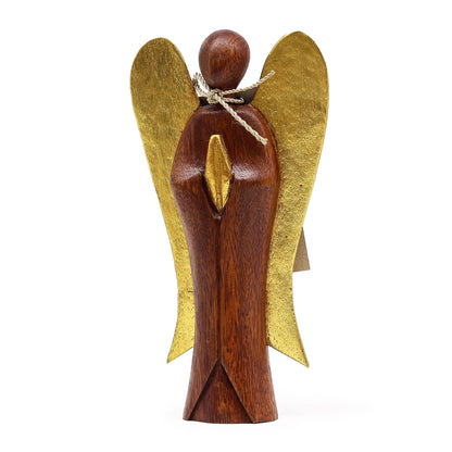 Hand-carved Suar wood guardian angel figurine, 20cm tall, natural wood finish, decorative protector statue