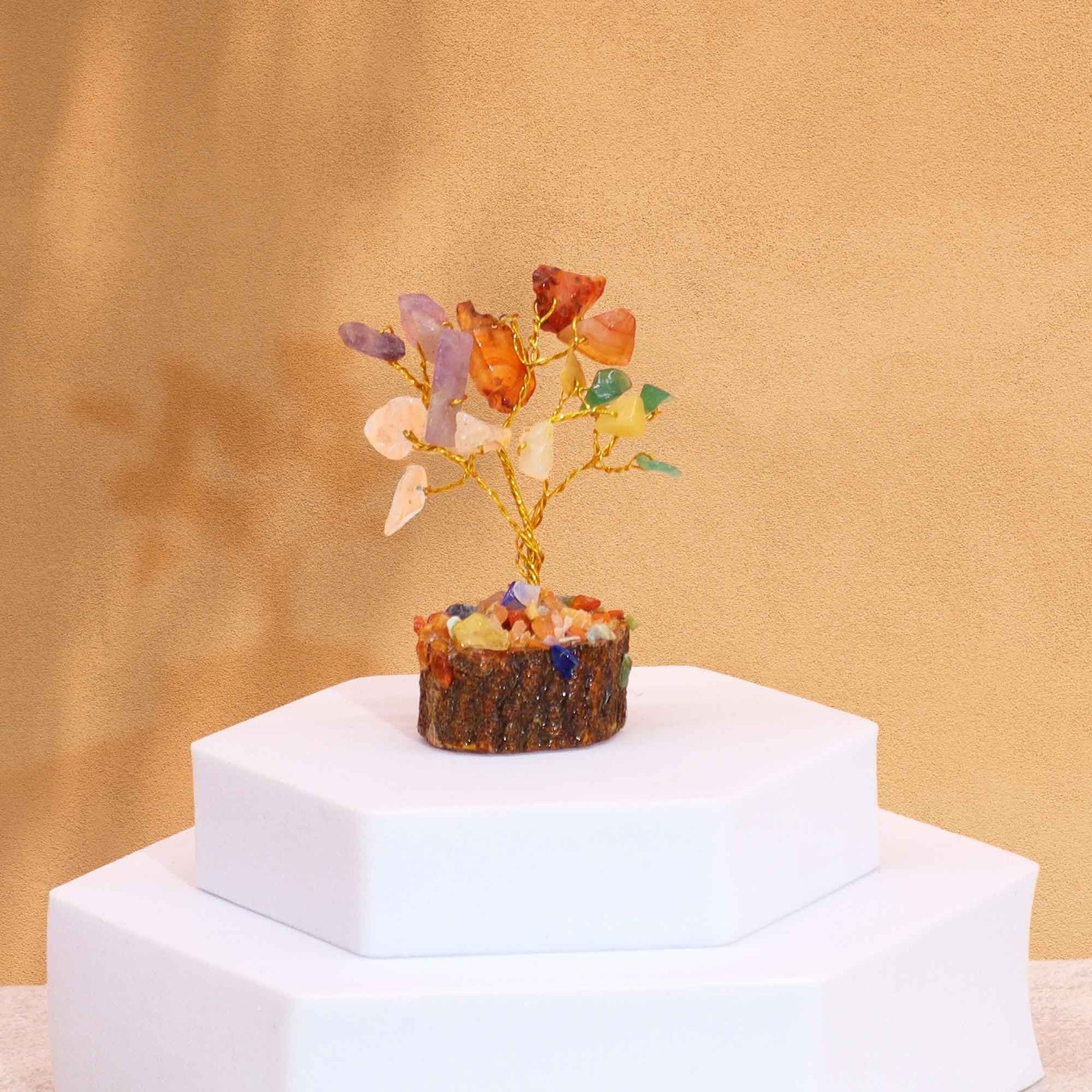 Multi-stone mini gemstone tree tabletop ornament with 15 gemstone chips, wire branches and wooden base, 6 cm tall