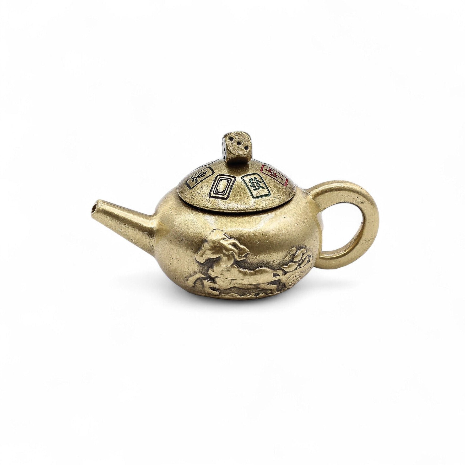 Handcrafted brass Feng Shui teapot spinner with horse motif, 8x4.5 cm, fortune desk ornament for meditation and decor