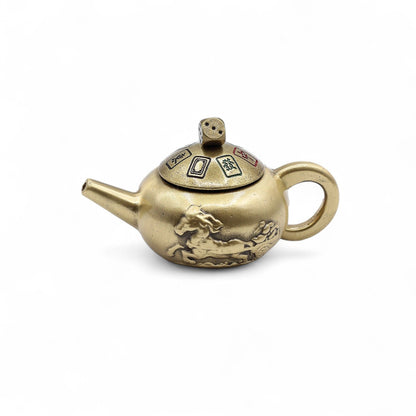 Handcrafted brass Feng Shui teapot spinner with horse motif, 8x4.5 cm, fortune desk ornament for meditation and decor