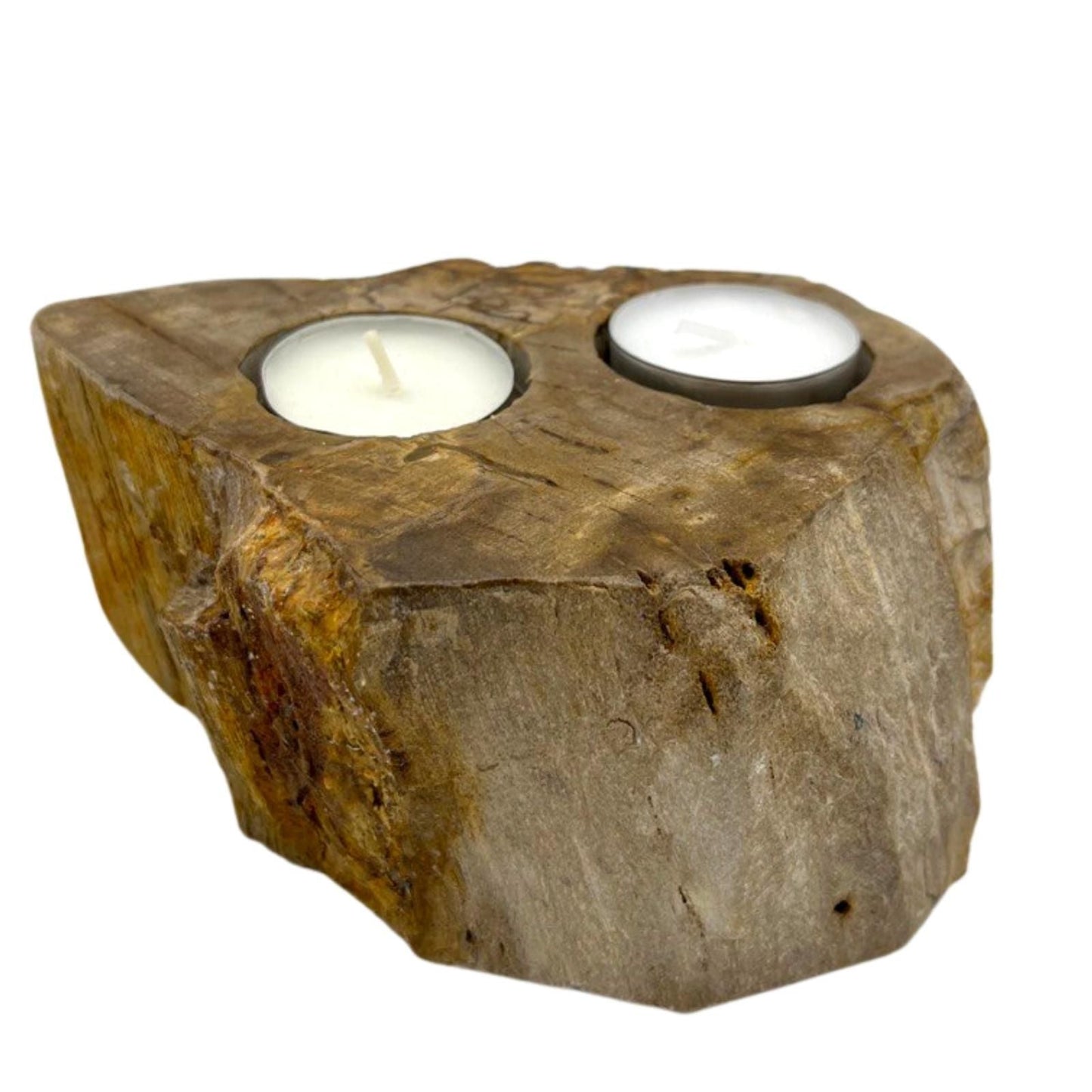 Portavelas doble de madera petrificada de piedra natural con dos huecos para velas, textura orgánica y tonos tierra