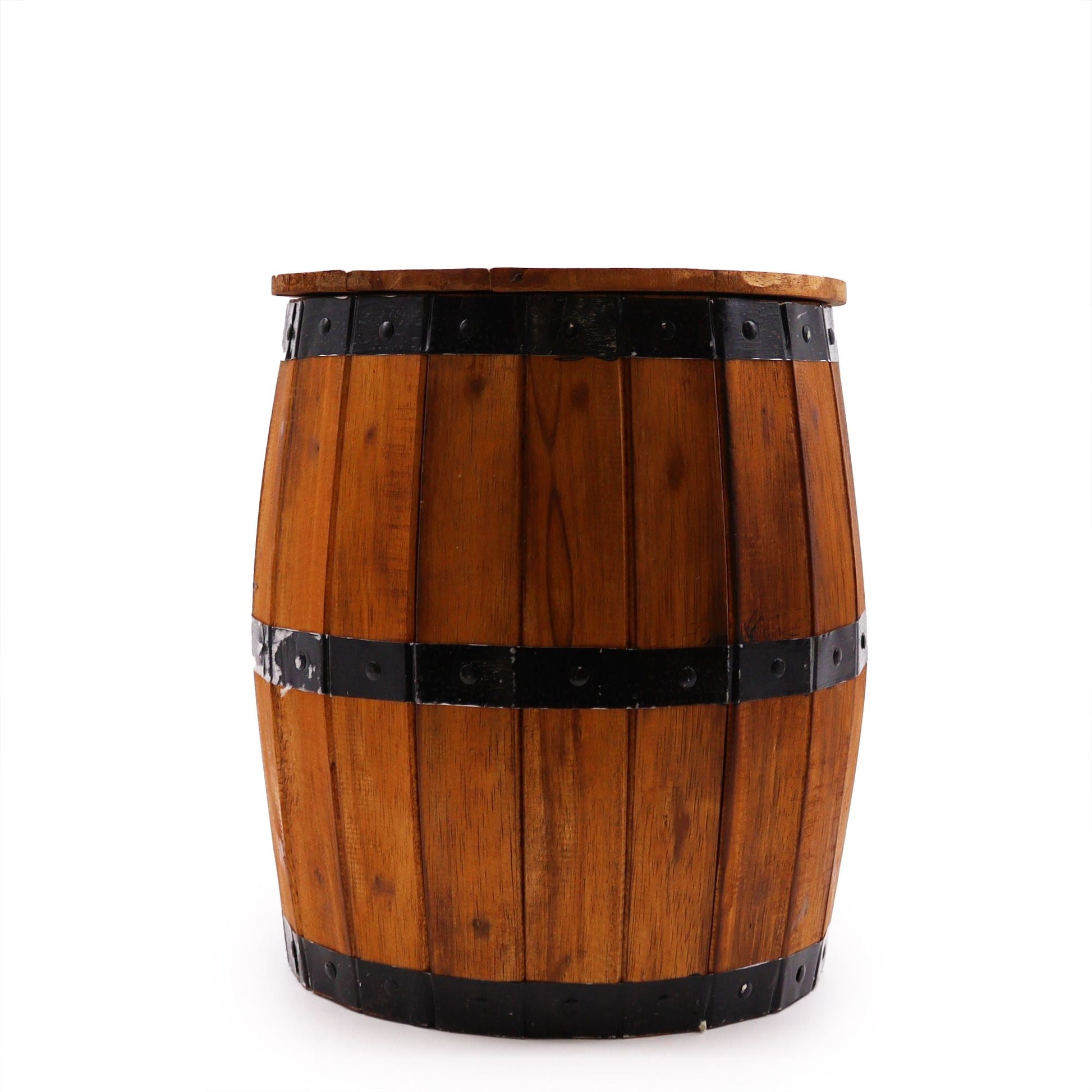 Natural Albasia wood barrel stool with metal accents, 38x32 cm, rustic round seat with hidden storage