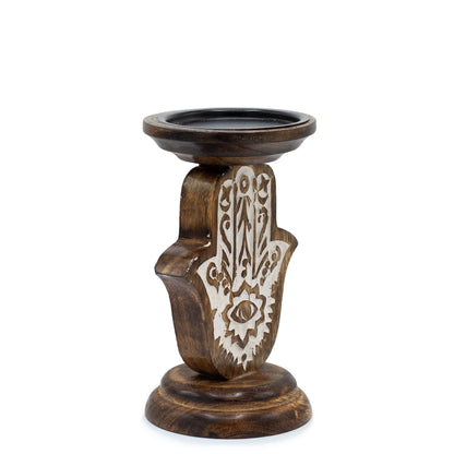 Mango Wood Candle Stand – Hamsa Design (Small, 18 × 11 CM)