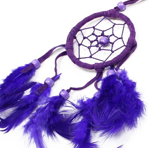 Small round dreamcatcher in turquoise, pink and purple with woven hoop and hanging strands wall decor