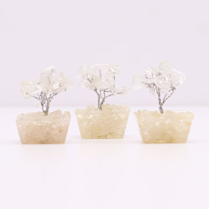 Rock quartz mini gemstone tree with 15 stones, 5 cm tall, handcrafted wire branches on orgonite base