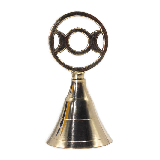 Solid brass altar bell with Triple Moon symbol, 10.5 cm tall, handmade in India, ritual and meditation decor
