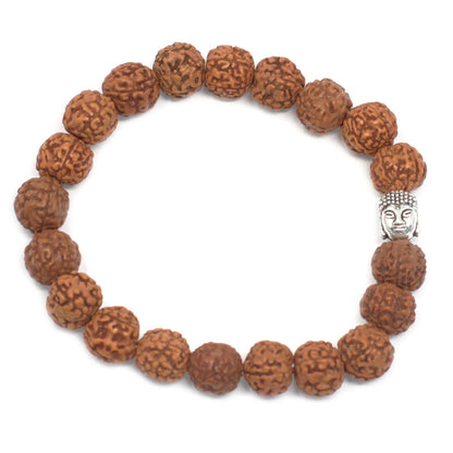 Brown wood bead Buddha bangle mala bracelet with natural Rudraksha beads, 7x2 cm, spiritual meditation jewelry