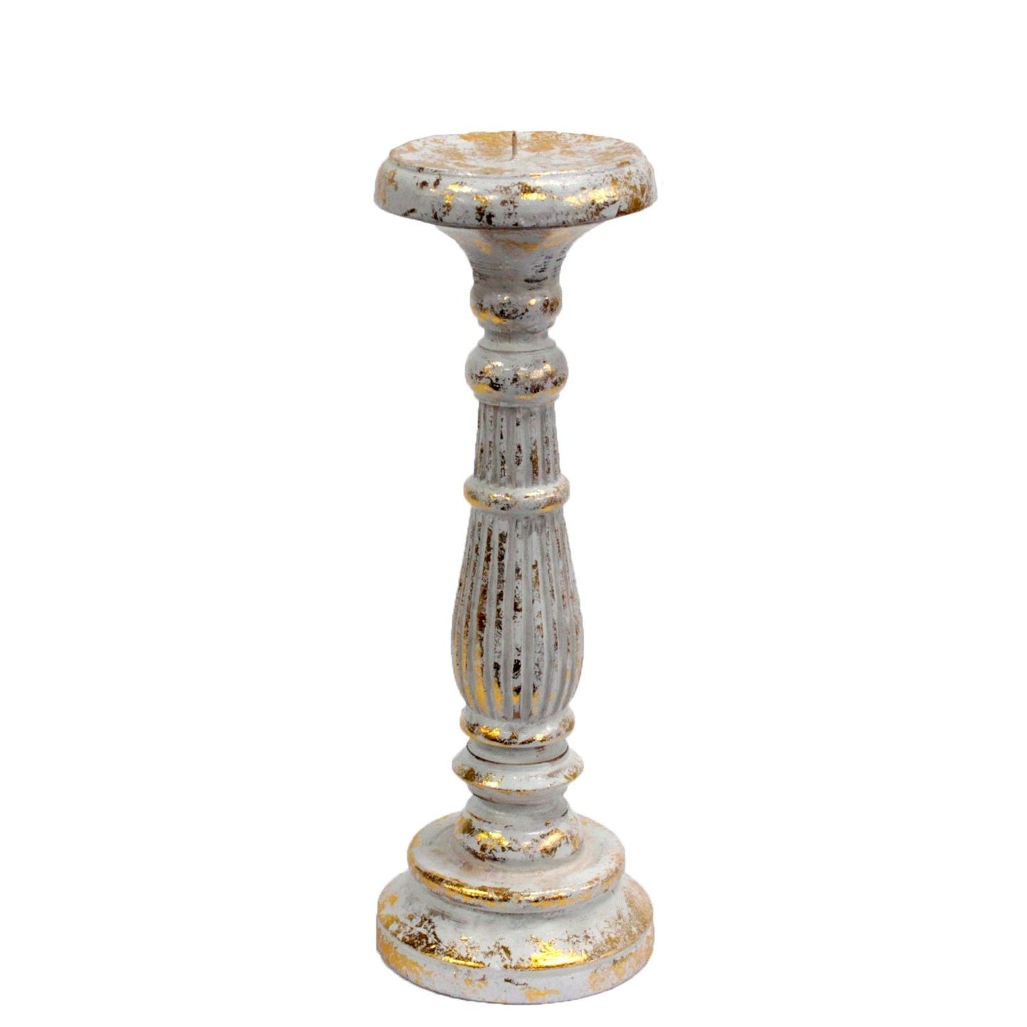 White and gold medium metal candle stand, decorative interior taper candle holder for table, shelf or sideboard