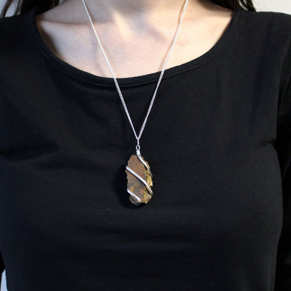 Silver plated necklace with rough tiger eye gemstone pendant, golden-brown natural stone jewelry