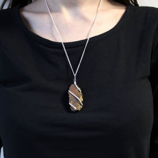 Silver plated necklace with rough tiger eye gemstone pendant, golden-brown natural stone jewelry