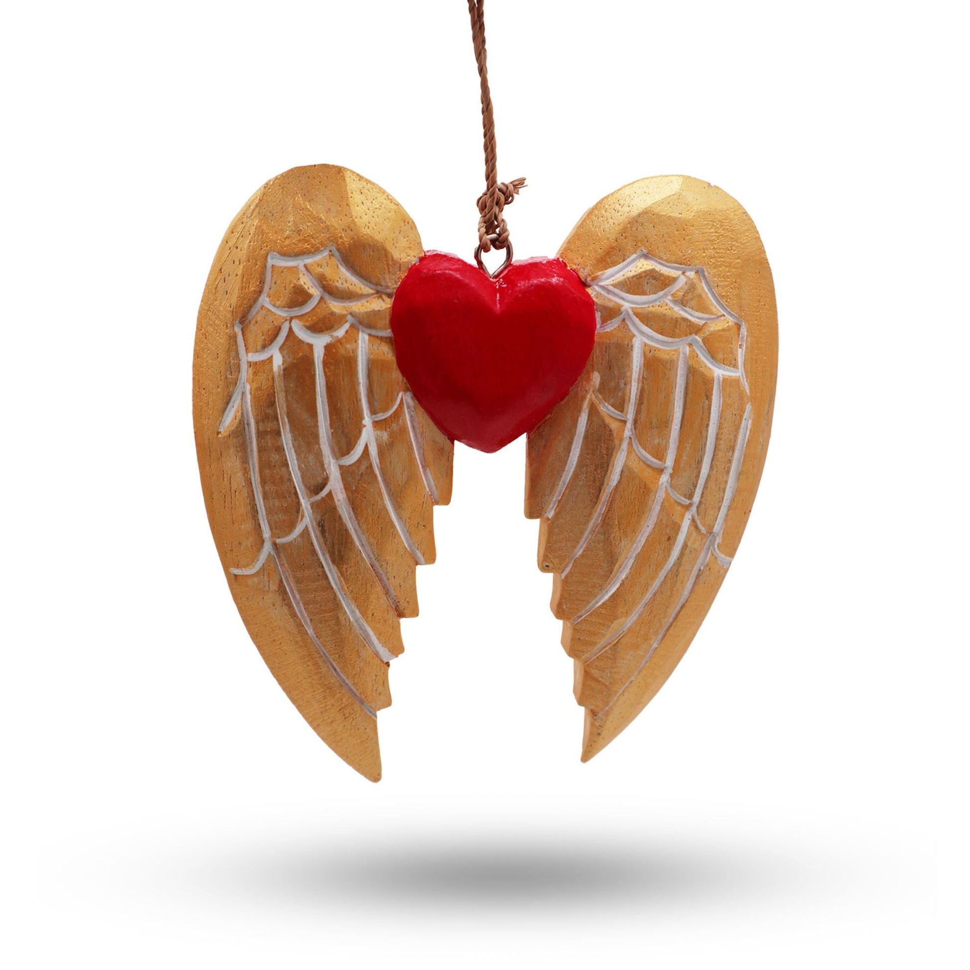 Gold Xmas angel wing and heart ornament with white detailing, festive holiday decoration for Christmas tree