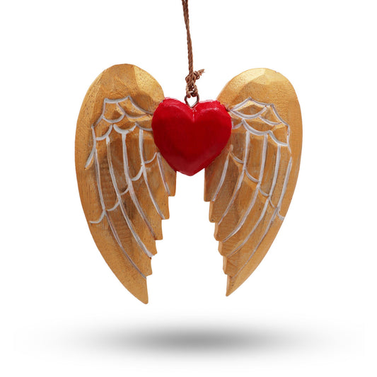 Gold Xmas angel wing and heart ornament with white detailing, festive holiday decoration for Christmas tree