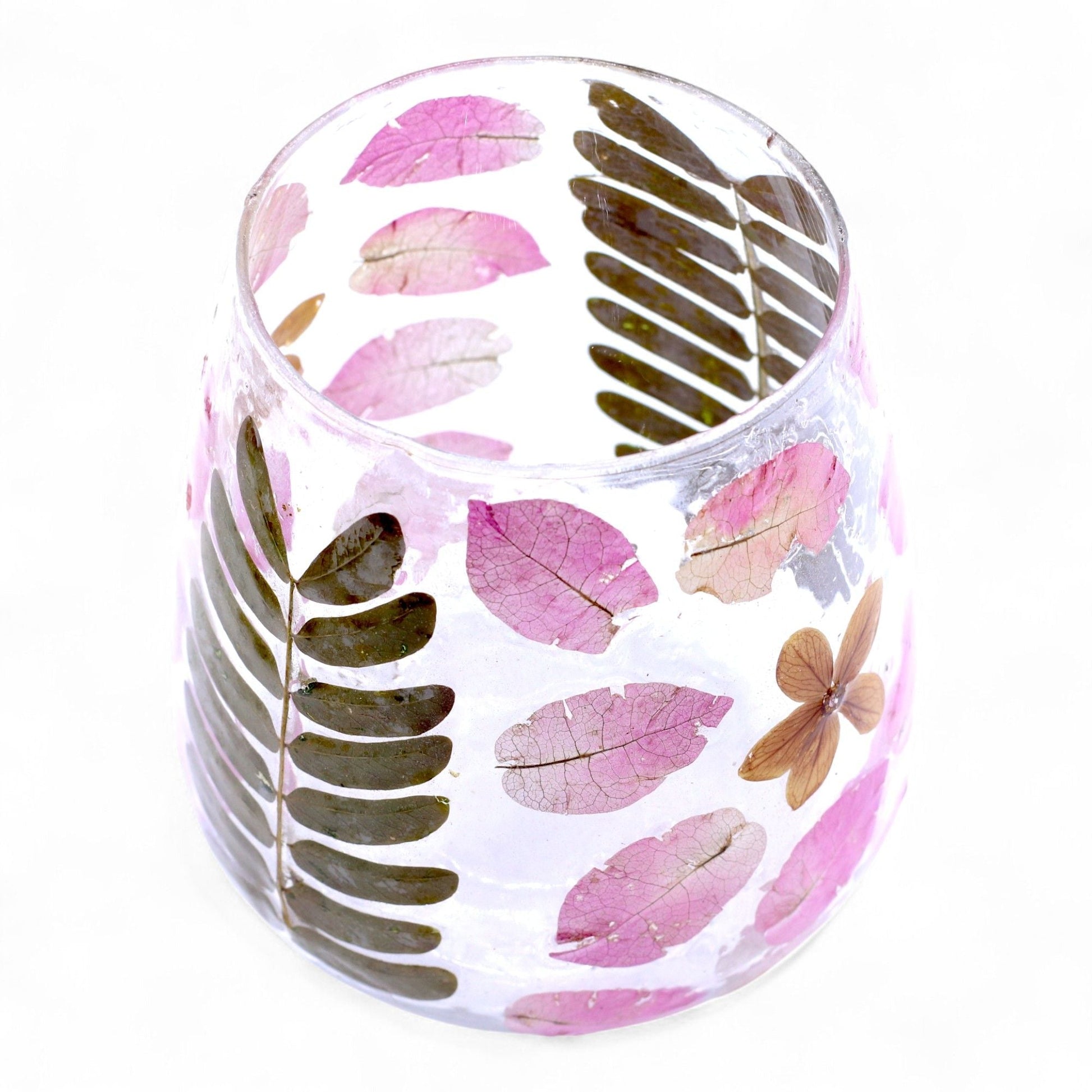 Portavelas Primavera de vidrio reciclado con flores secas, hecho a mano, 12x11 cm