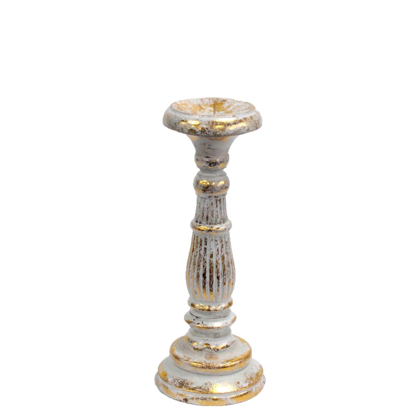 Small white and gold metal candle stand holder for taper candle, decorative tabletop accent for shelves and bedside tables
