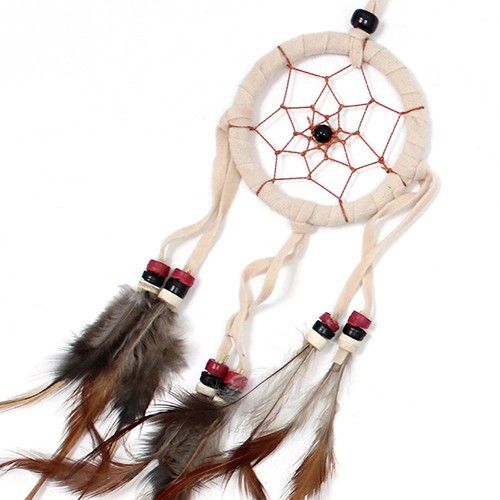 Small round Bali dream catcher in synthetic suede with feathers and plastic beads, handmade wall hanging 22x6.5 cm