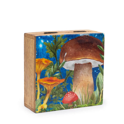 Teal medium square box with mushroom design, 13.5x13.5x6cm
