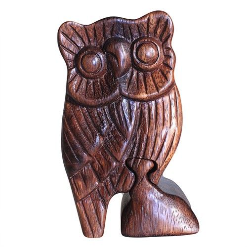 Handcrafted Saman wood magic puzzle box with owl design, hidden compartment, 6x2 cm, made in Indonesia