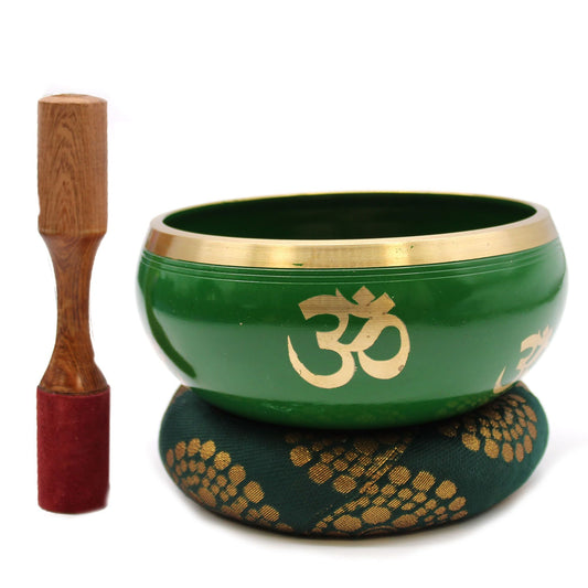 14cm brass Tree of Life Tibetan singing bowl set in green with wooden striker and cushion for meditation sound therapy