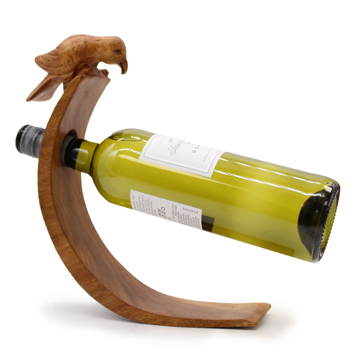 Alt Tag: Balance Bottle Holder – Bird handcrafted wooden bird-shaped wine bottle holder balancing single bottle on display