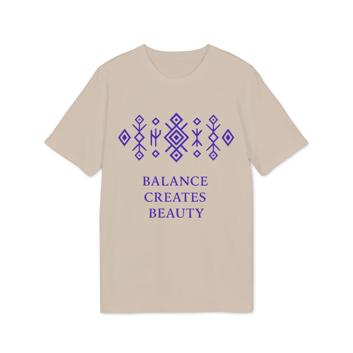 Alt Tag: Balance Creates Beauty Mystic Origin Camiseta Premium Unisex beige de cuello redondo con símbolo geométrico morado de líneas y texto “BALANCE CREATES BEAUTY”