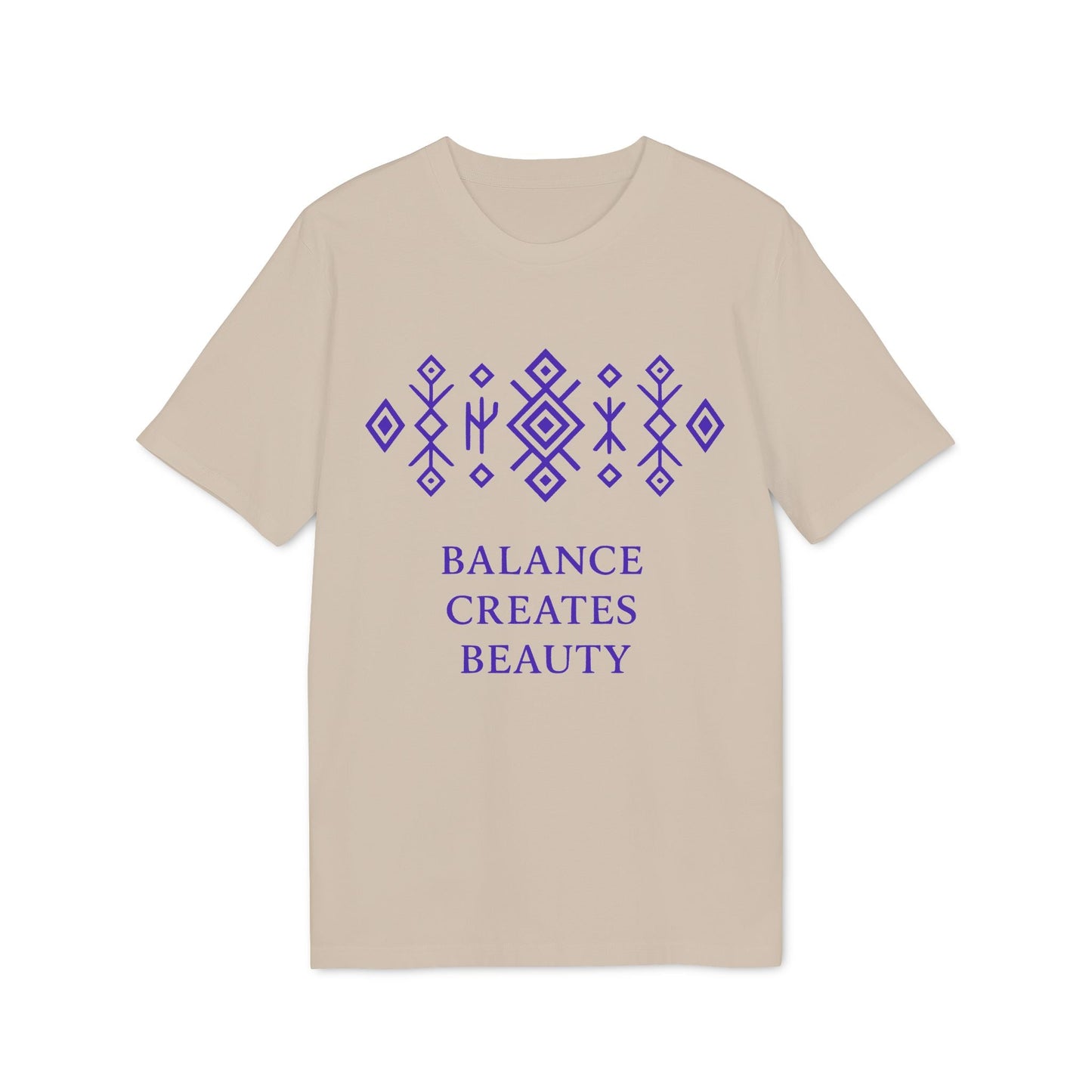 Alt Tag: Balance Creates Beauty Mystic Origin Camiseta Premium Unisex beige de cuello redondo con símbolo geométrico morado de líneas y texto “BALANCE CREATES BEAUTY”
