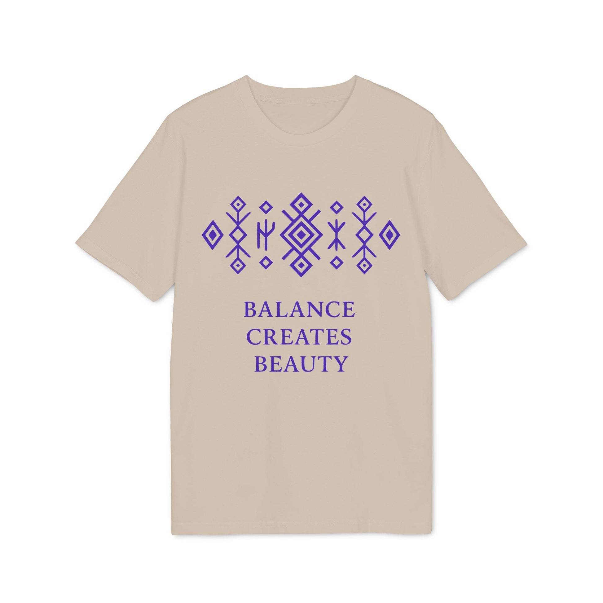 Alt Tag: Balance Creates Beauty Mystic Origin Camiseta Premium Unisex beige de cuello redondo con símbolo geométrico morado de líneas y texto “BALANCE CREATES BEAUTY”