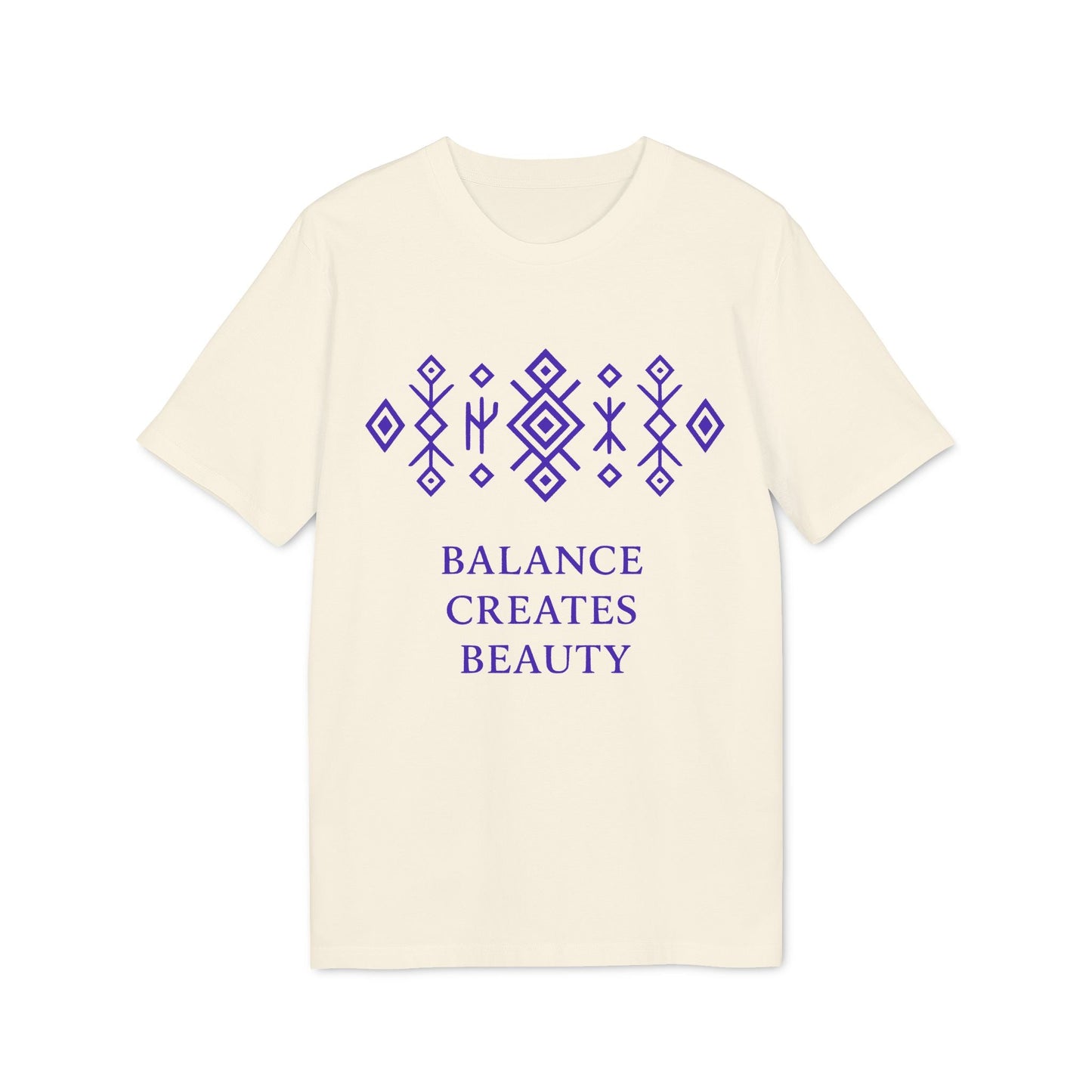 Alt Tag: Camiseta Premium Unisex Mystic Origin Balance Creates Beauty en crema con patrón geométrico morado y texto “BALANCE CREATES BEAUTY”