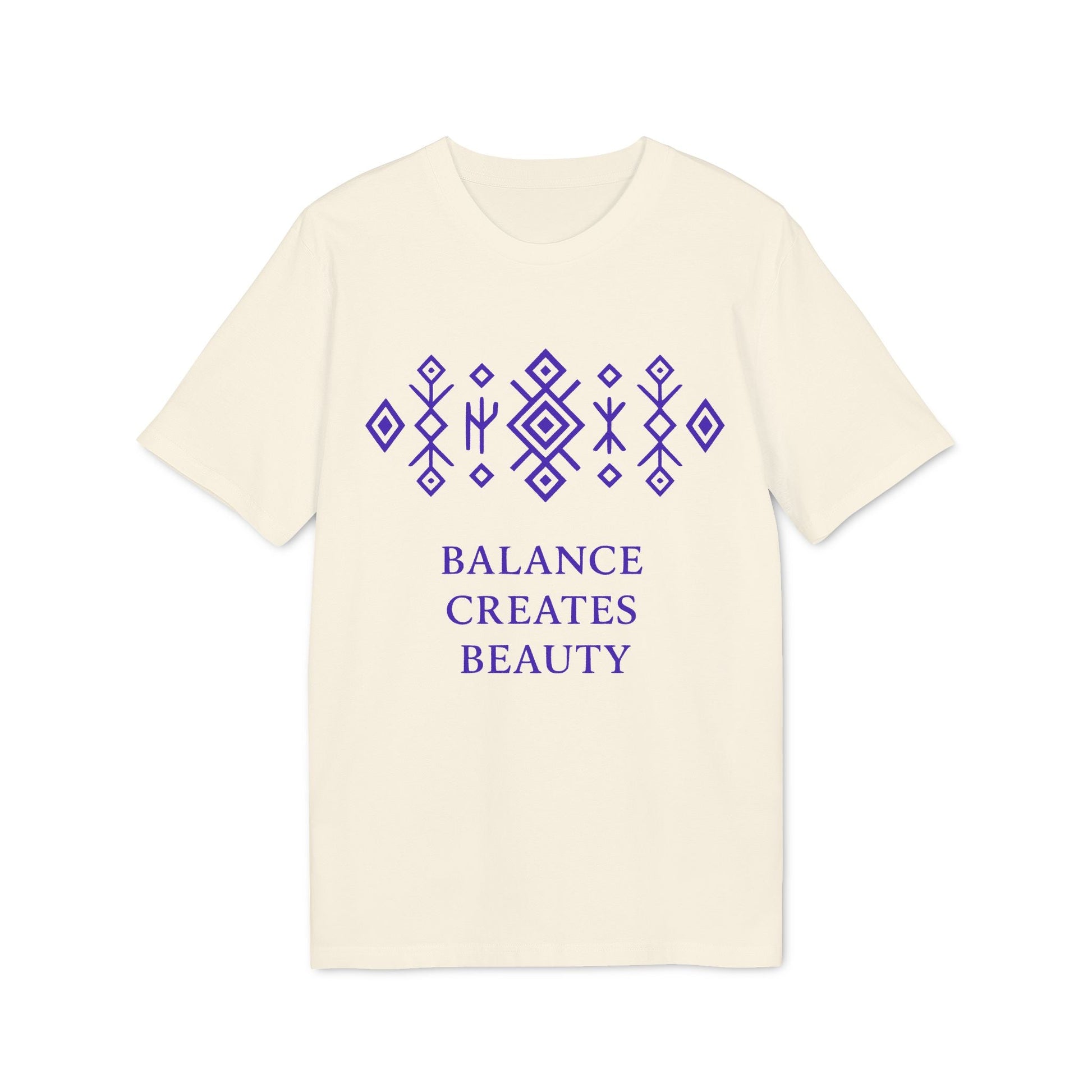 Alt Tag: Camiseta Premium Unisex Mystic Origin Balance Creates Beauty en crema con patrón geométrico morado y texto “BALANCE CREATES BEAUTY”