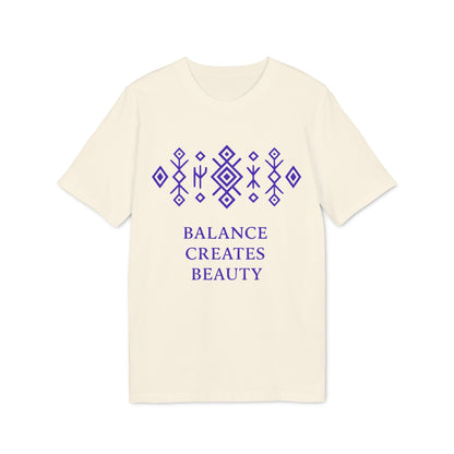 Alt Tag: Camiseta Premium Unisex Mystic Origin Balance Creates Beauty en crema con patrón geométrico morado y texto “BALANCE CREATES BEAUTY”