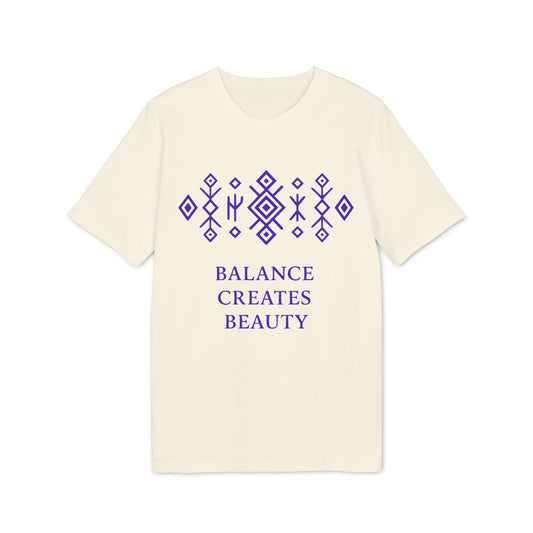 Alt Tag: Balance Creates Beauty Mystic Origin Premium Unisex T-Shirt in cream with purple geometric pattern and “BALANCE CREATES BEAUTY” text