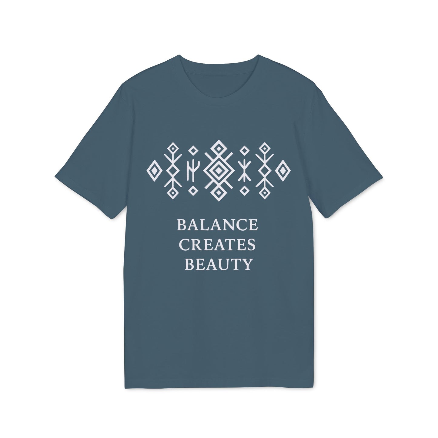 Alt Tag: Balance Creates Beauty Mystic Origin Camiseta Premium Unisex azul con gráfico, estampado geométrico blanco y texto “Balance Creates Beauty”