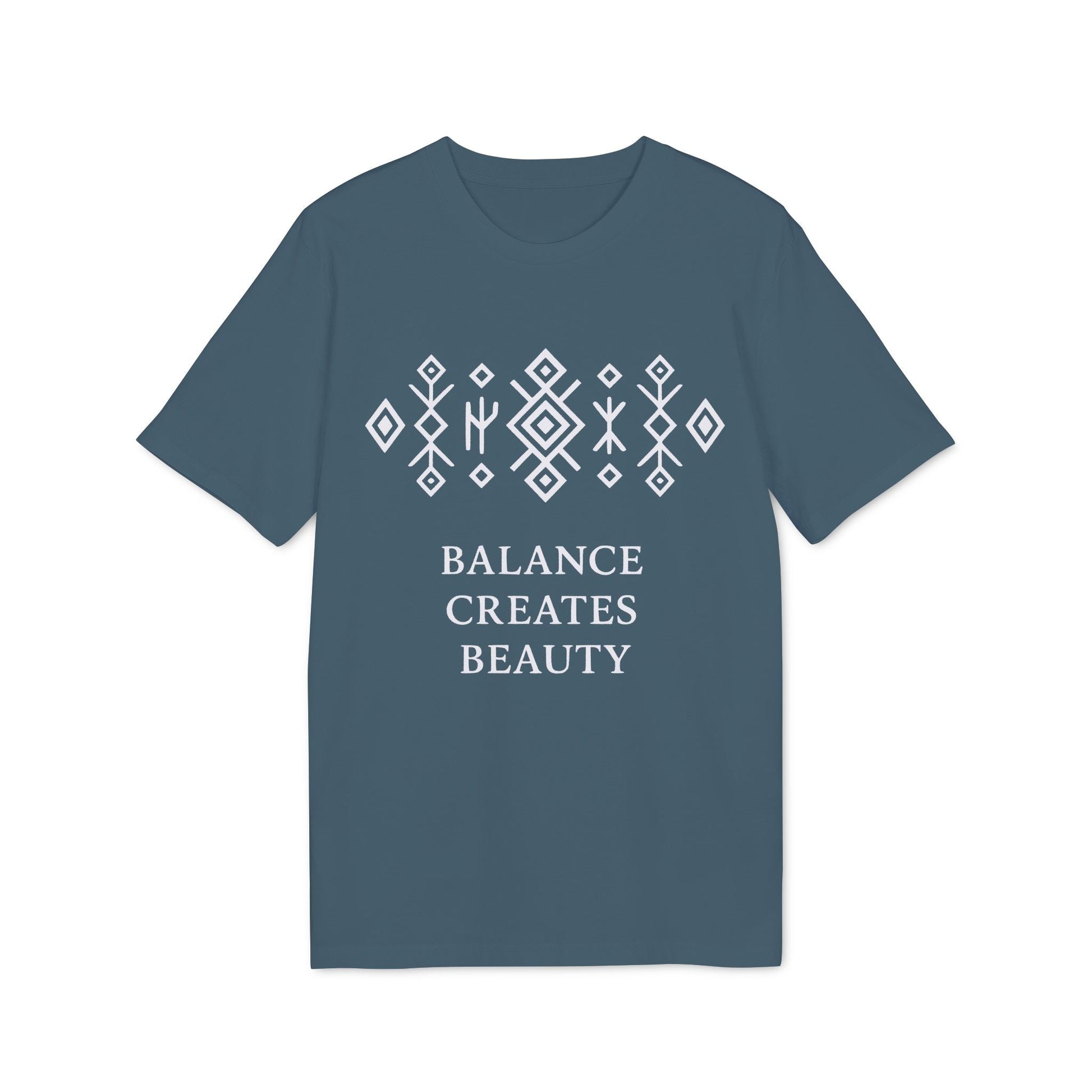 Alt Tag: Balance Creates Beauty Mystic Origin Camiseta Premium Unisex azul con gráfico, estampado geométrico blanco y texto “Balance Creates Beauty”